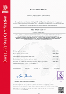 Klinger Finland Oy ISO 14001 ENG sertifikaatti