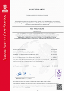 Klinger Finland Oy ISO 14001 FIN sertifikaatti