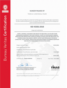 Klinger Finland Oy ISO 45001 ENG sertifikaatti