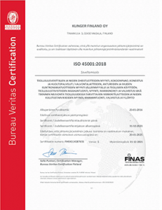 Klinger Finland Oy ISO 45001 FIN sertifikaatti